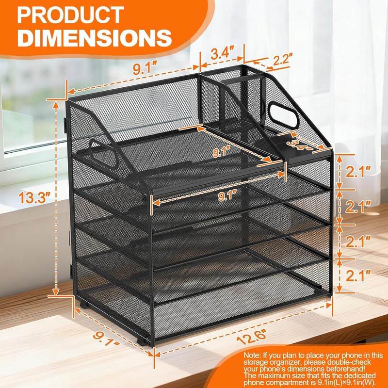 Docnest 5 Tier Metal Mesh Letter Tray - Space Saving Desk File Organizer with Handle, Pen Holder & Folder Holder - Desktop Document Sorter for Office, Home, School, Classroom - Black - Image 2